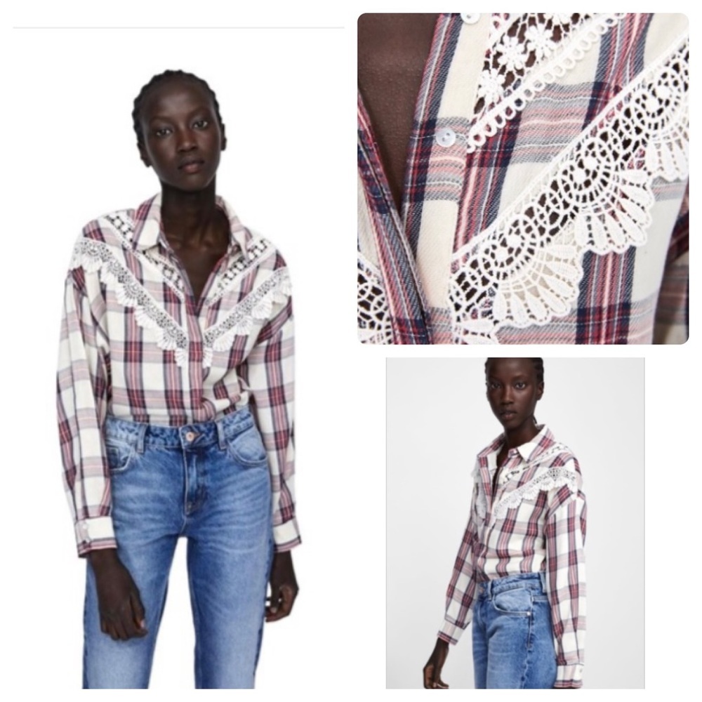 Zara Plaid Shirt Lace Trim Button Down Long Sleeve
